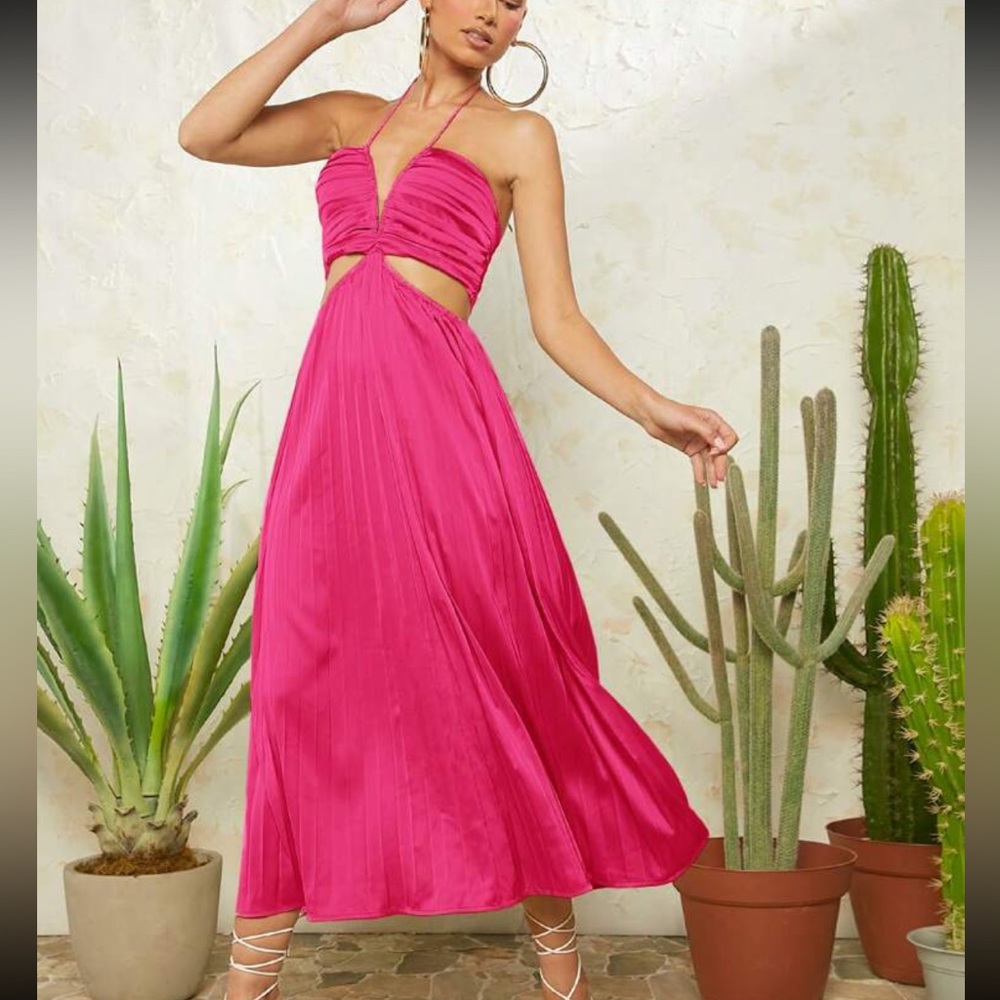 Pink Cut Out Ruched Halter neck pleated Satin midi Dress- straps can criss cross - Picture 3 of 14